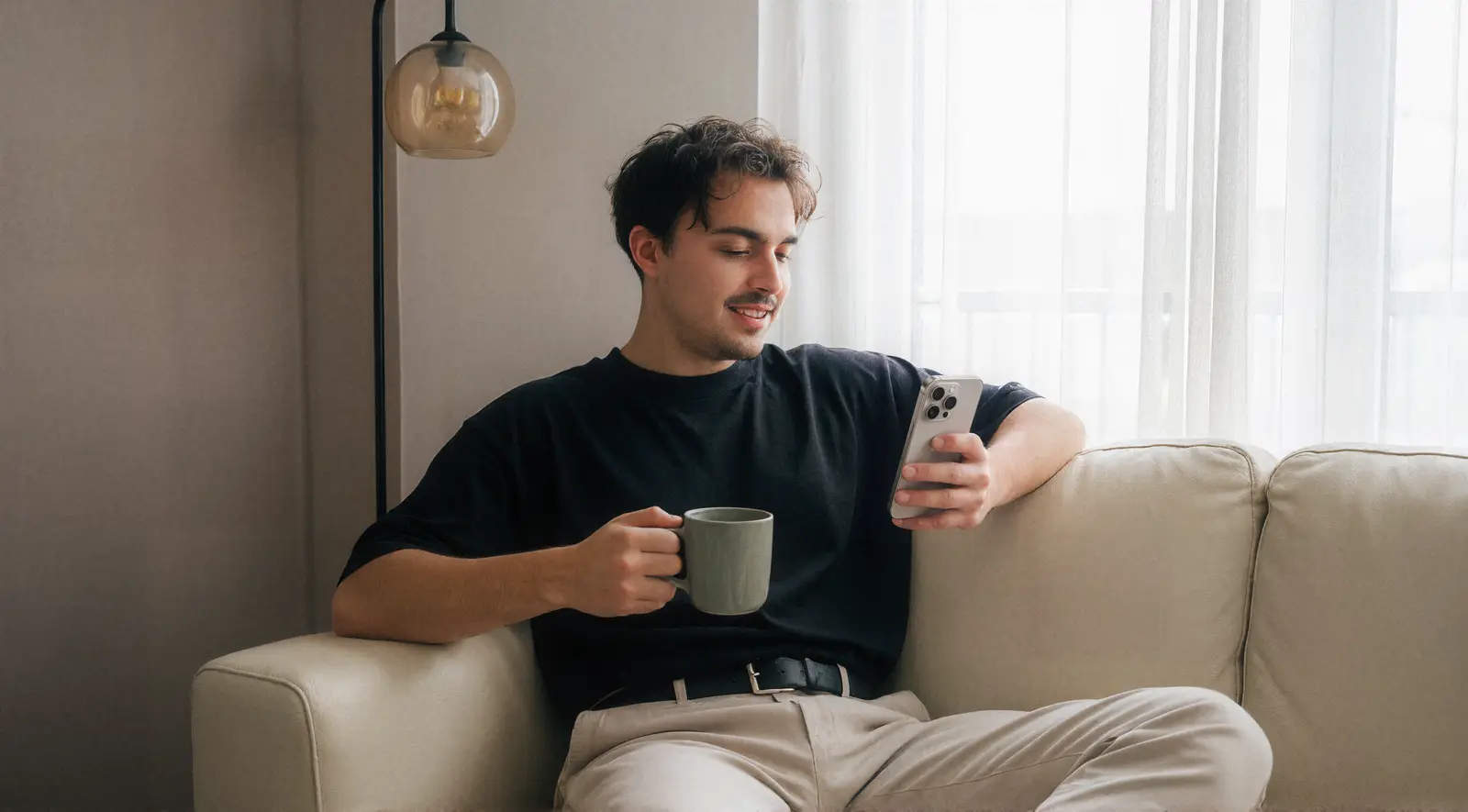 Oswald assis sur un canapé, une tasse de café à la main, en train de regarder son téléphone