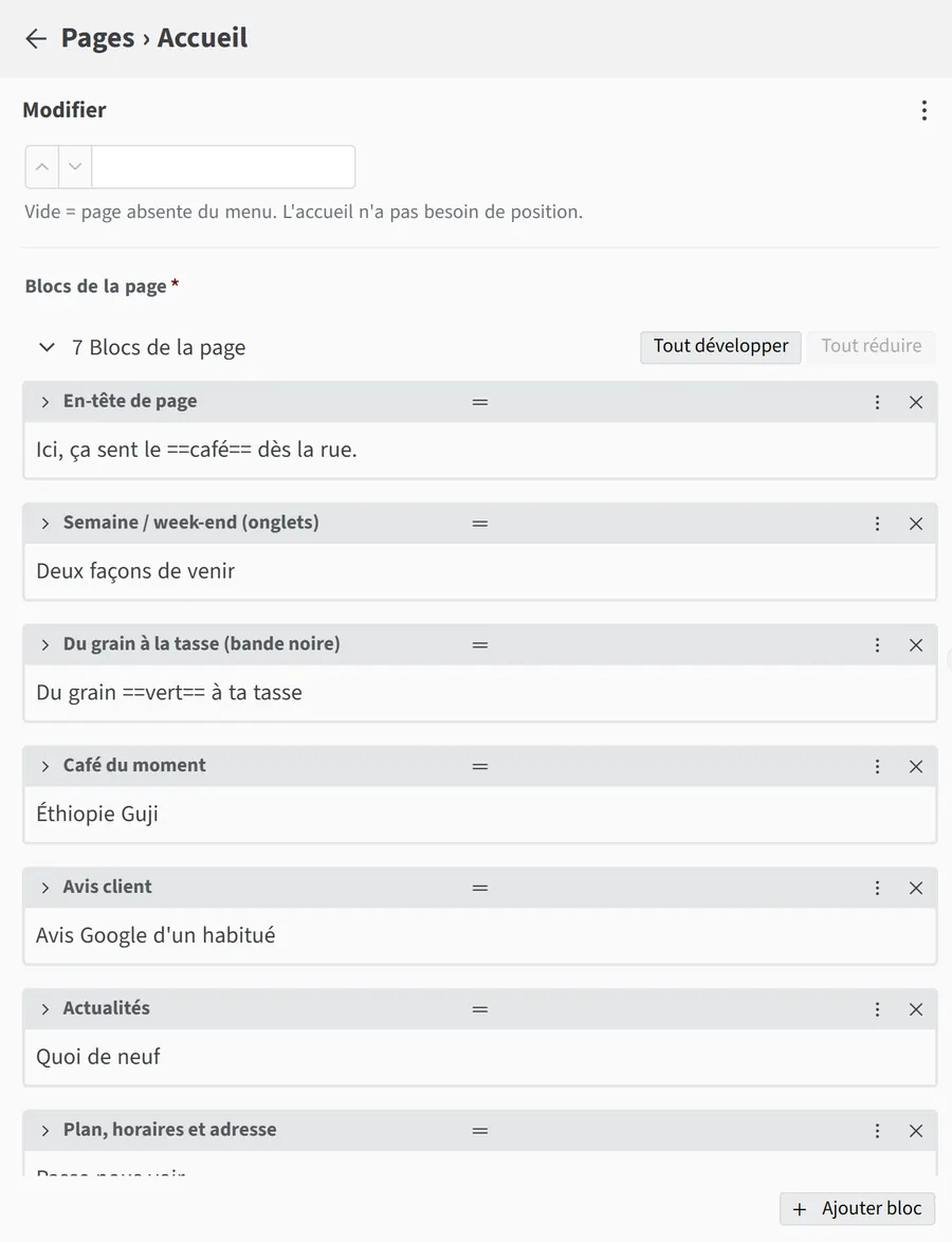 La page d'accueil découpée en blocs : en-tête, semaine et week-end, café du moment, avis, actualités, plan