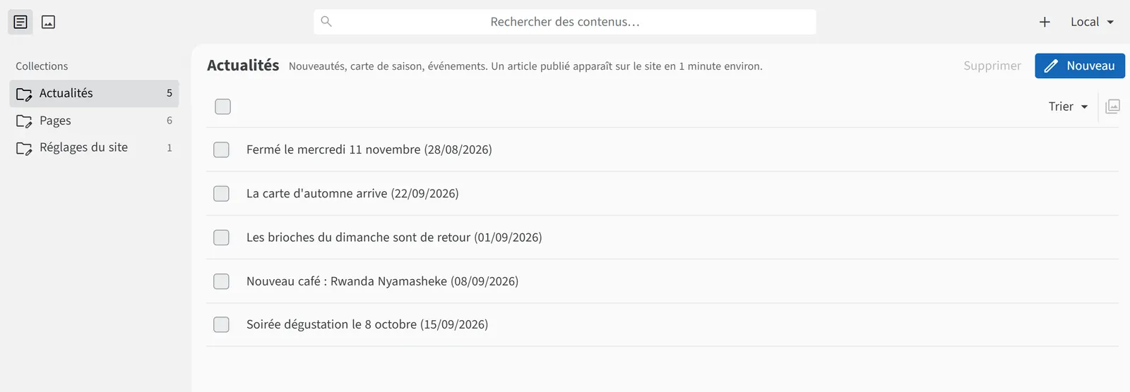 L'espace d'édition : la liste des actualités du café, avec un bouton Nouveau