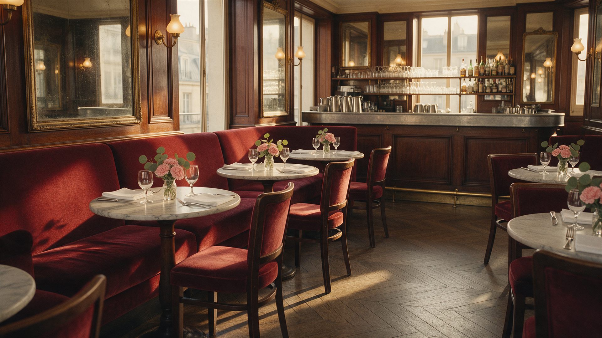 La salle de Brasserie Marcel : banquettes de velours bordeaux, tables en marbre, zinc et miroirs dorés dans la lumière de fin d'après-midi