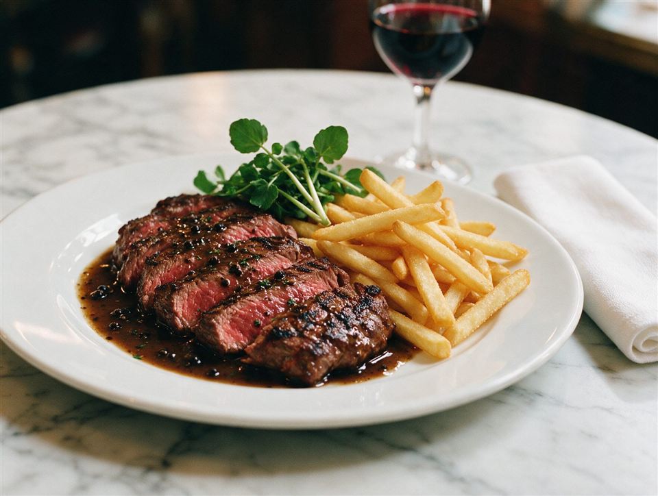 Steak frites maison, sauce au poivre