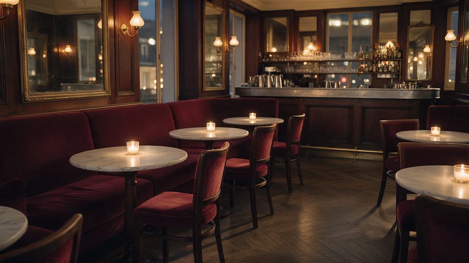 La salle le soir, bougies sur les tables en marbre