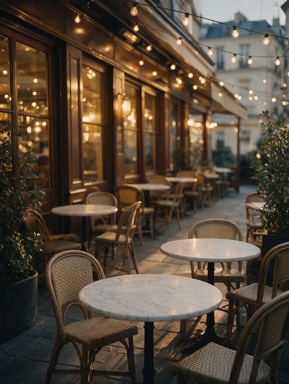 La terrasse le soir, tables en marbre et guirlandes lumineuses
