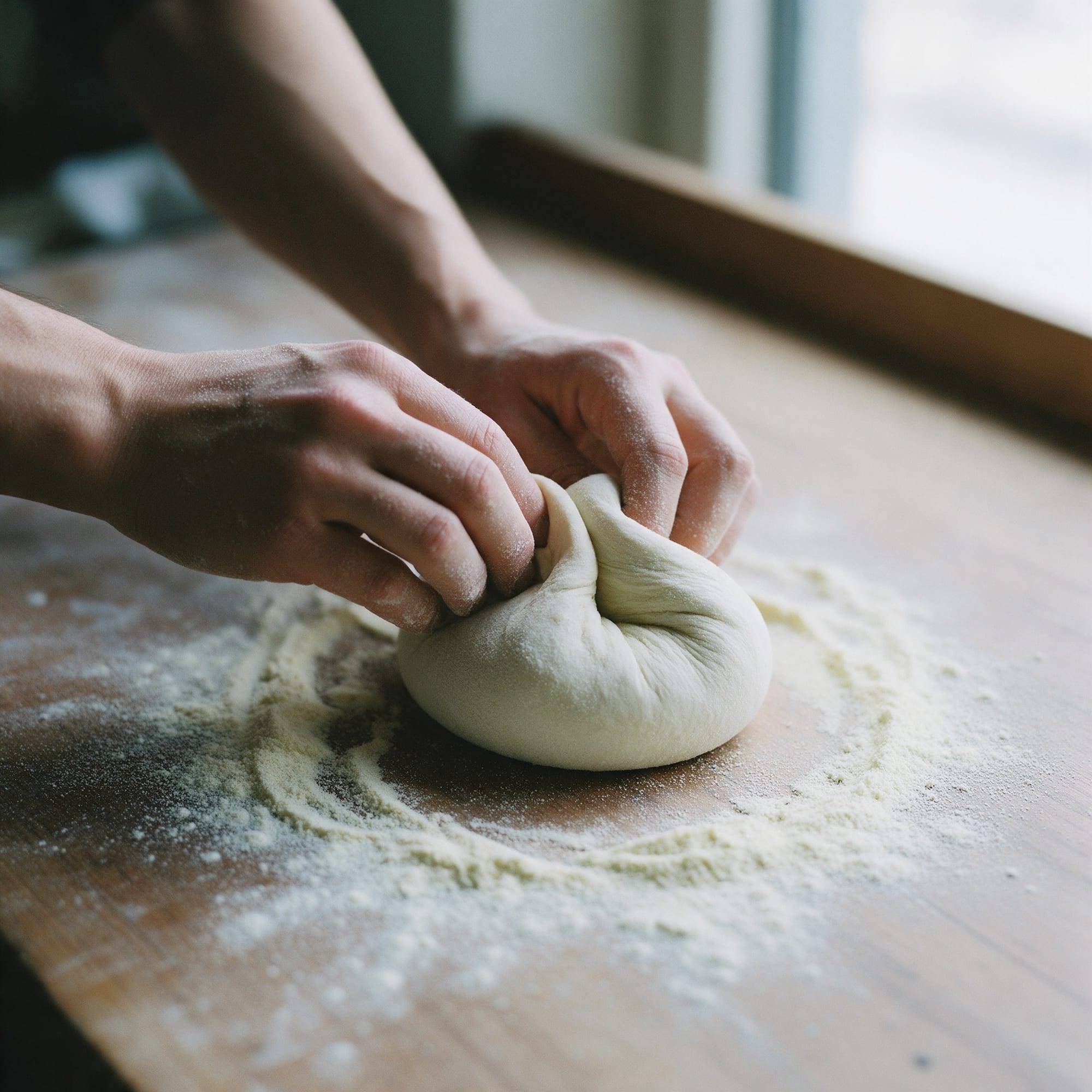 Mains farinées qui façonnent un pâton sur un plan de travail en bois