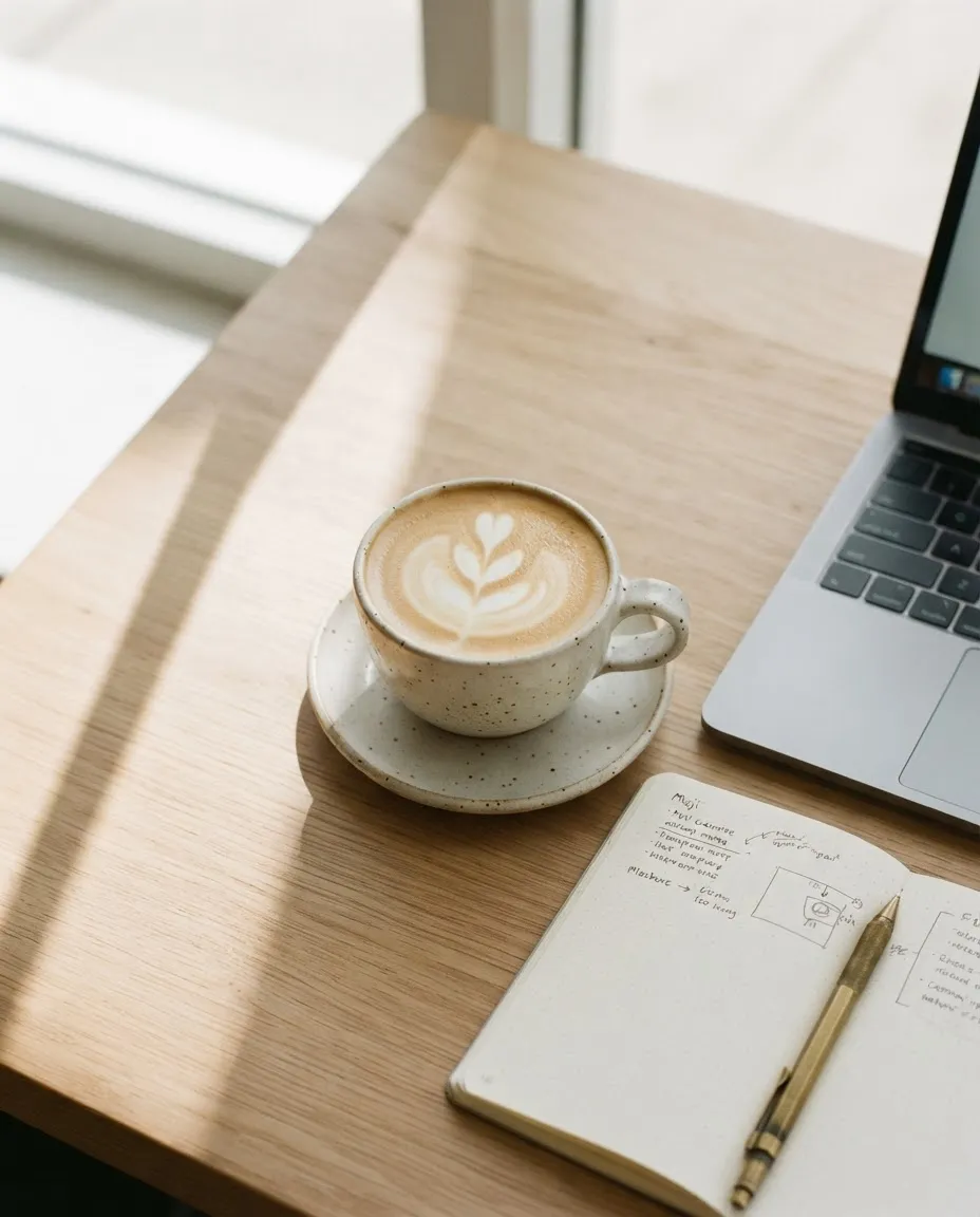 Un flat white posé à côté d'un carnet, dans la lumière du matin
