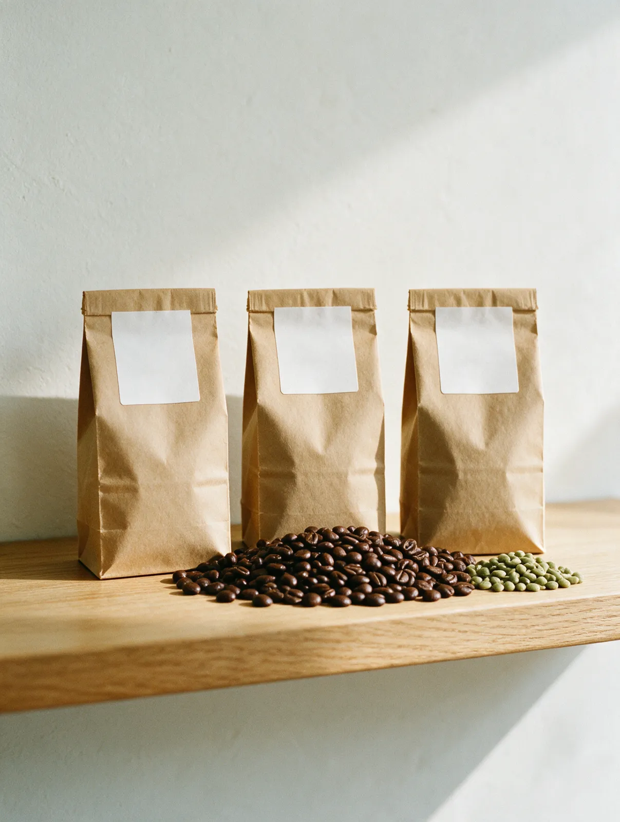 Sachets de café en grains sur une étagère