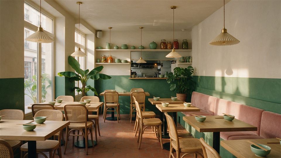 La salle vide, lumière de midi sur les tables en chêne