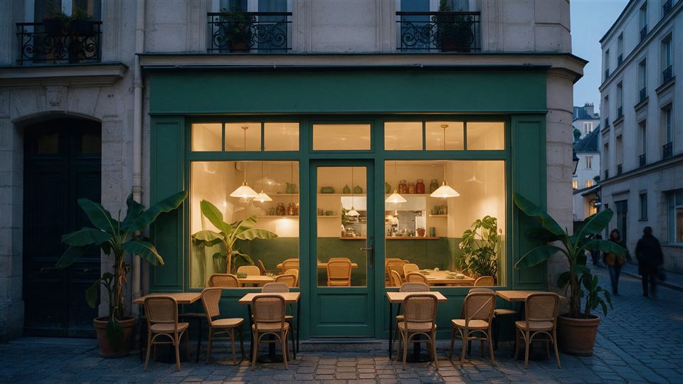 La devanture vert lotus de Lá Sen et sa terrasse, à la tombée de la nuit