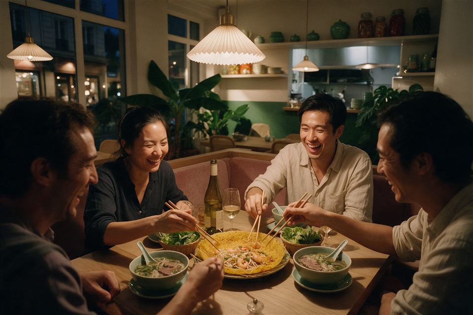 Une tablée d'amis partage des bols de phở et un bánh xèo