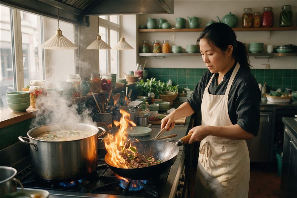 Linh Trần, la cheffe, fait sauter du bœuf au wok dans la cuisine ouverte