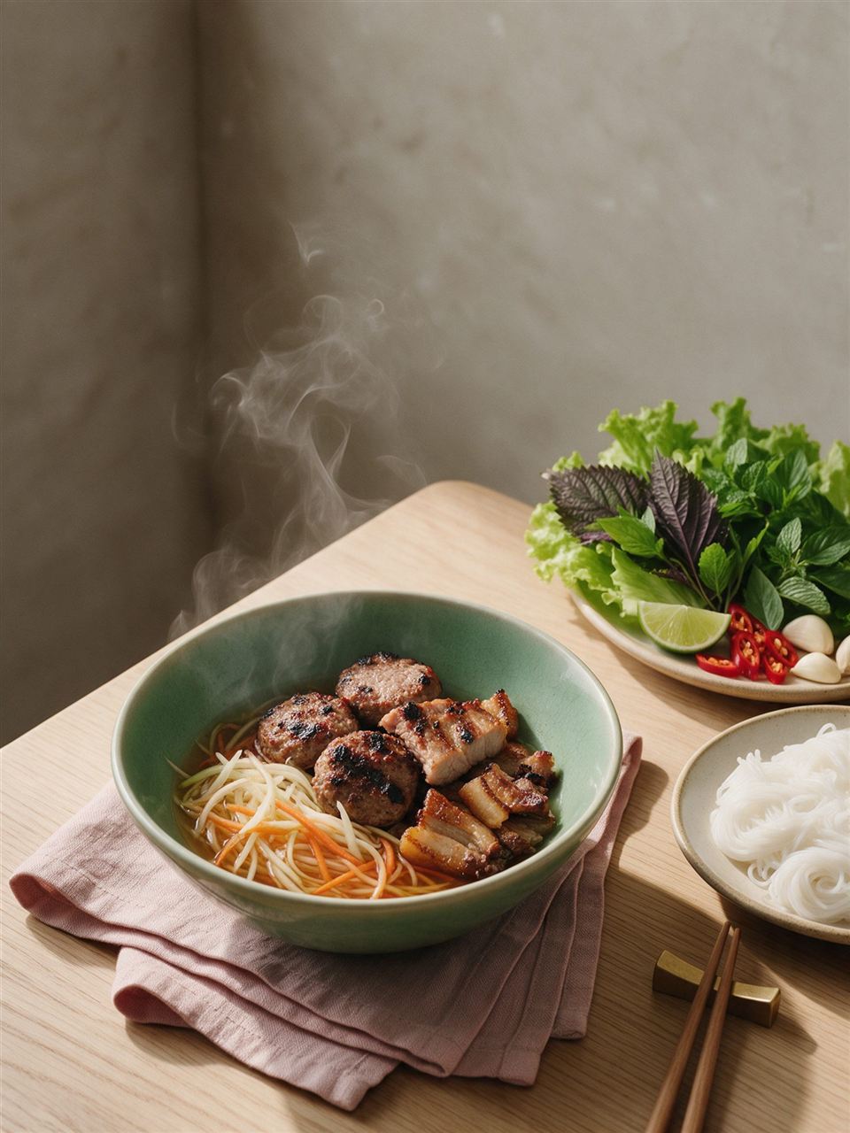 Bún chả Hà Nội : porc grillé, vermicelles et herbes