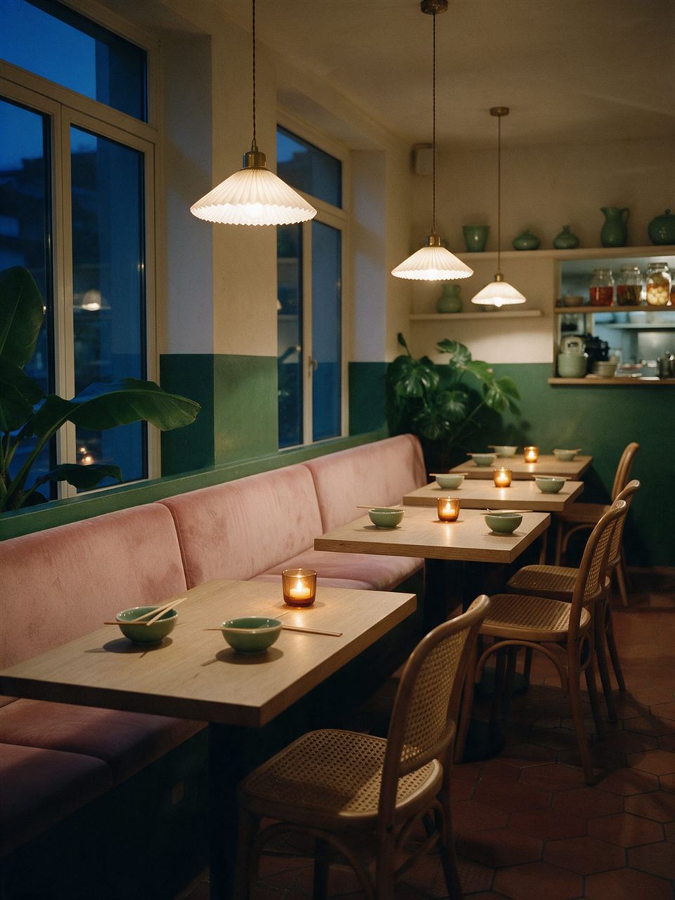 La banquette rose le soir, bougies allumées sur les tables