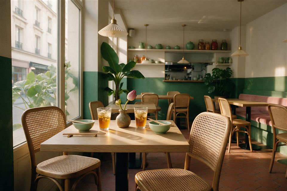 Une table pour deux dressée près de la fenêtre, un bouton de lotus dans un vase